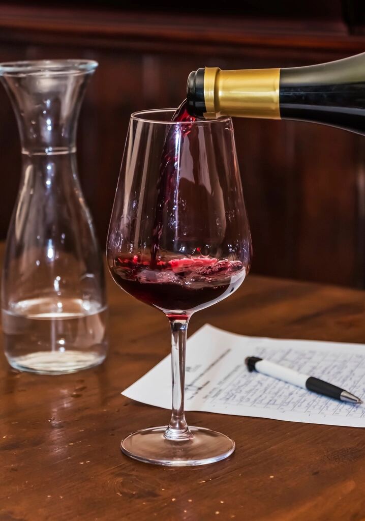 Red wine being poured into a glass on a wooden table